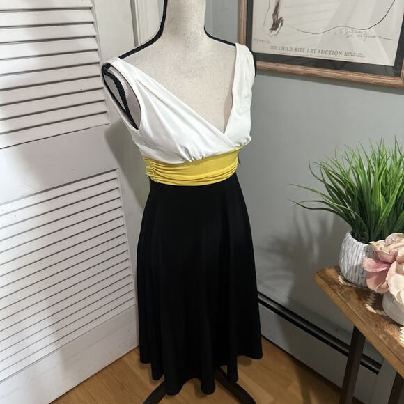 LONDON TIMES Womens Dress 4 White Black Color Block Retro Y2K Plunging V-Neck - Picture 3 of 10